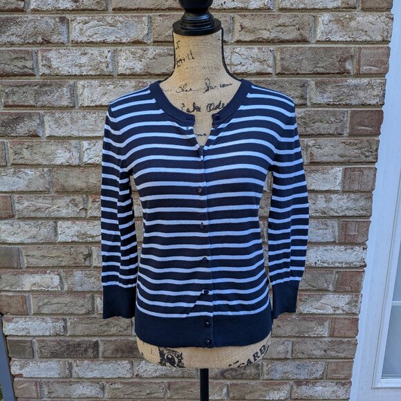J. Crew Navy blue and white striped 3/4 sleeve cardigan Small - Picture 1 of 11